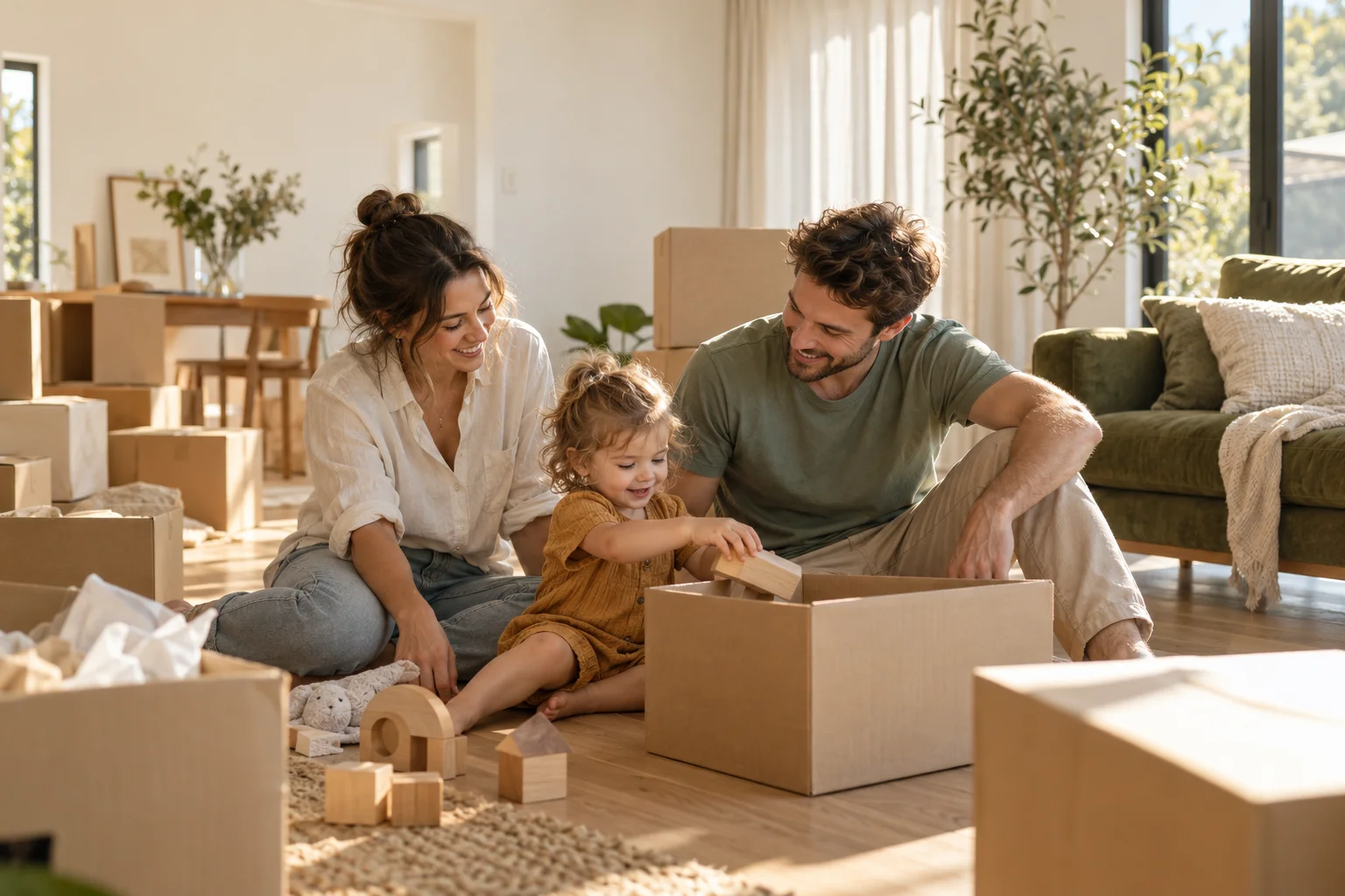 Parents and their toddler sharing a happy moment among moving boxes in their new home